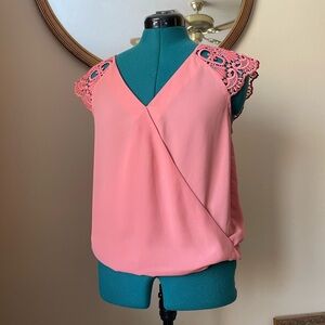 Express small coral pink embroidered lace appliqué shoulders, flowy wrap top